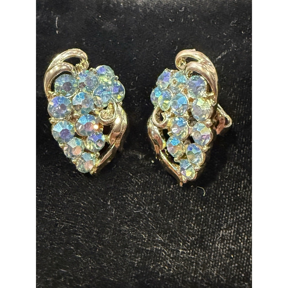 Vintage Coro Aurora Borealis Clip-On Earrings Signed Gold‎ Tone 1950s